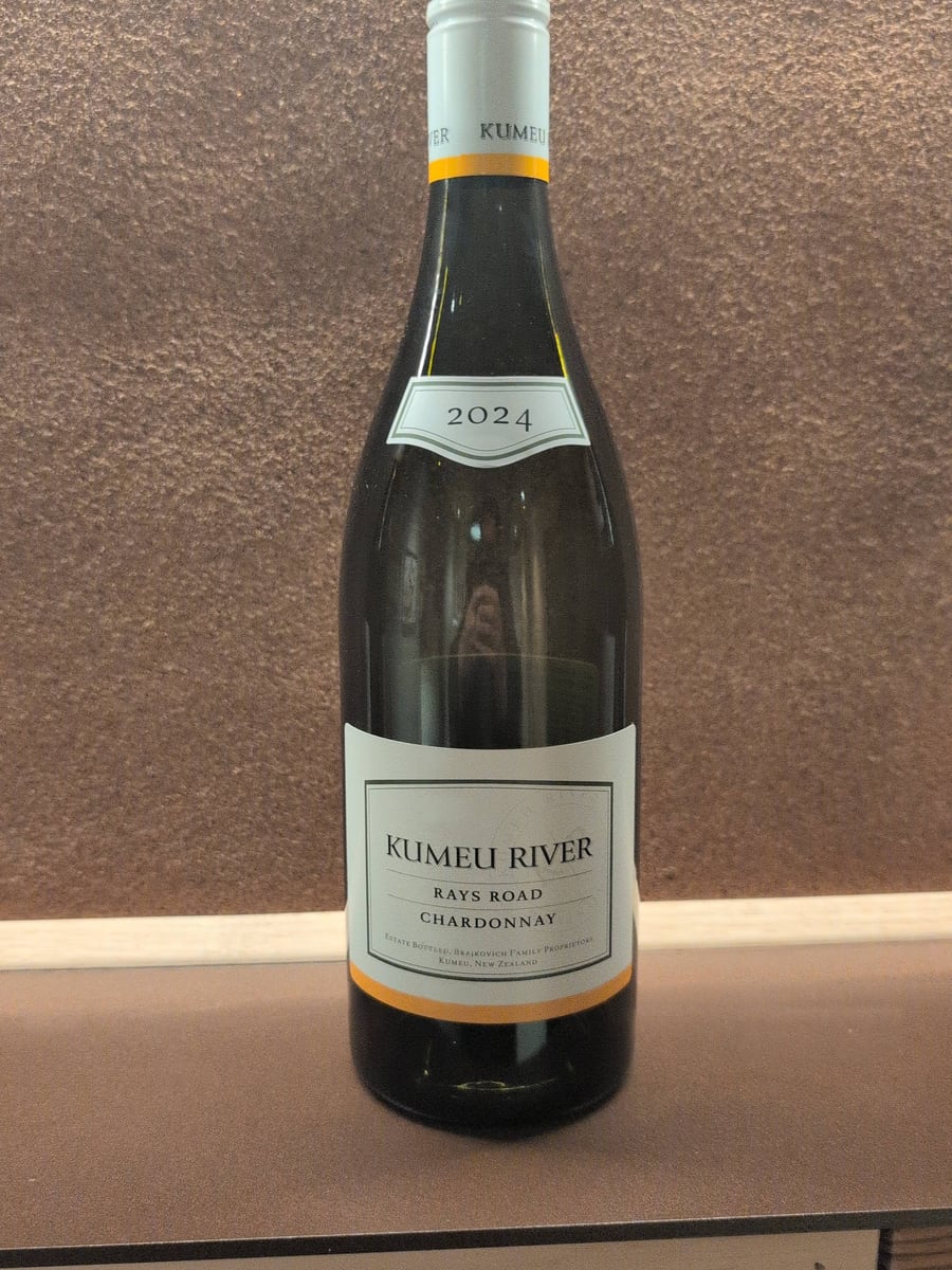 The Kumeu River Rays Road Chardonnay 2024 bottle, its cream label carrying the vintage on a small shoulder tag