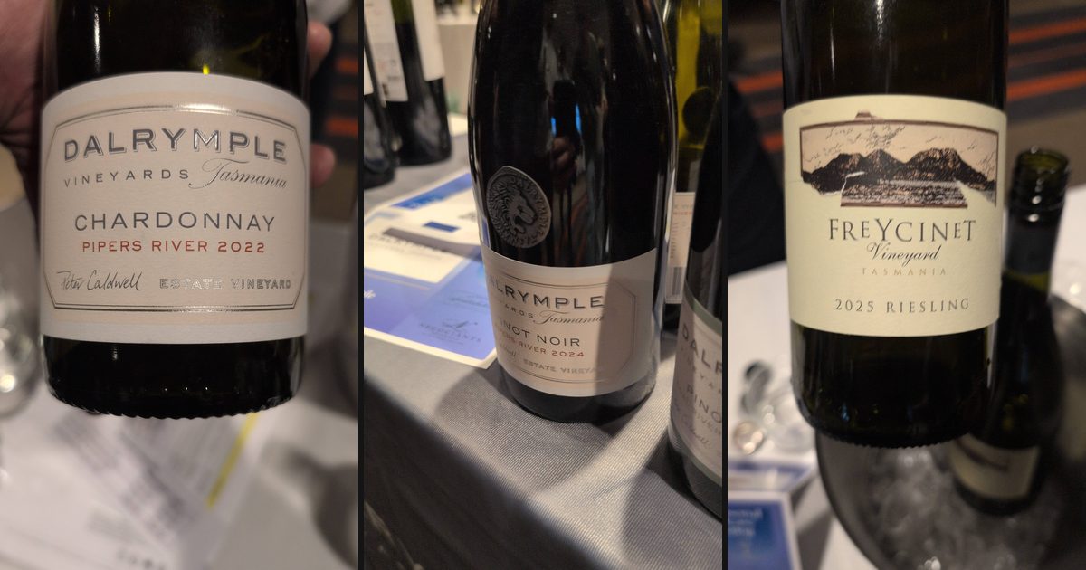 Three bottles side by side: Dalrymple Pipers River Chardonnay 2022, Dalrymple Pipers River Pinot Noir 2024 and Freycinet Riesling 2025