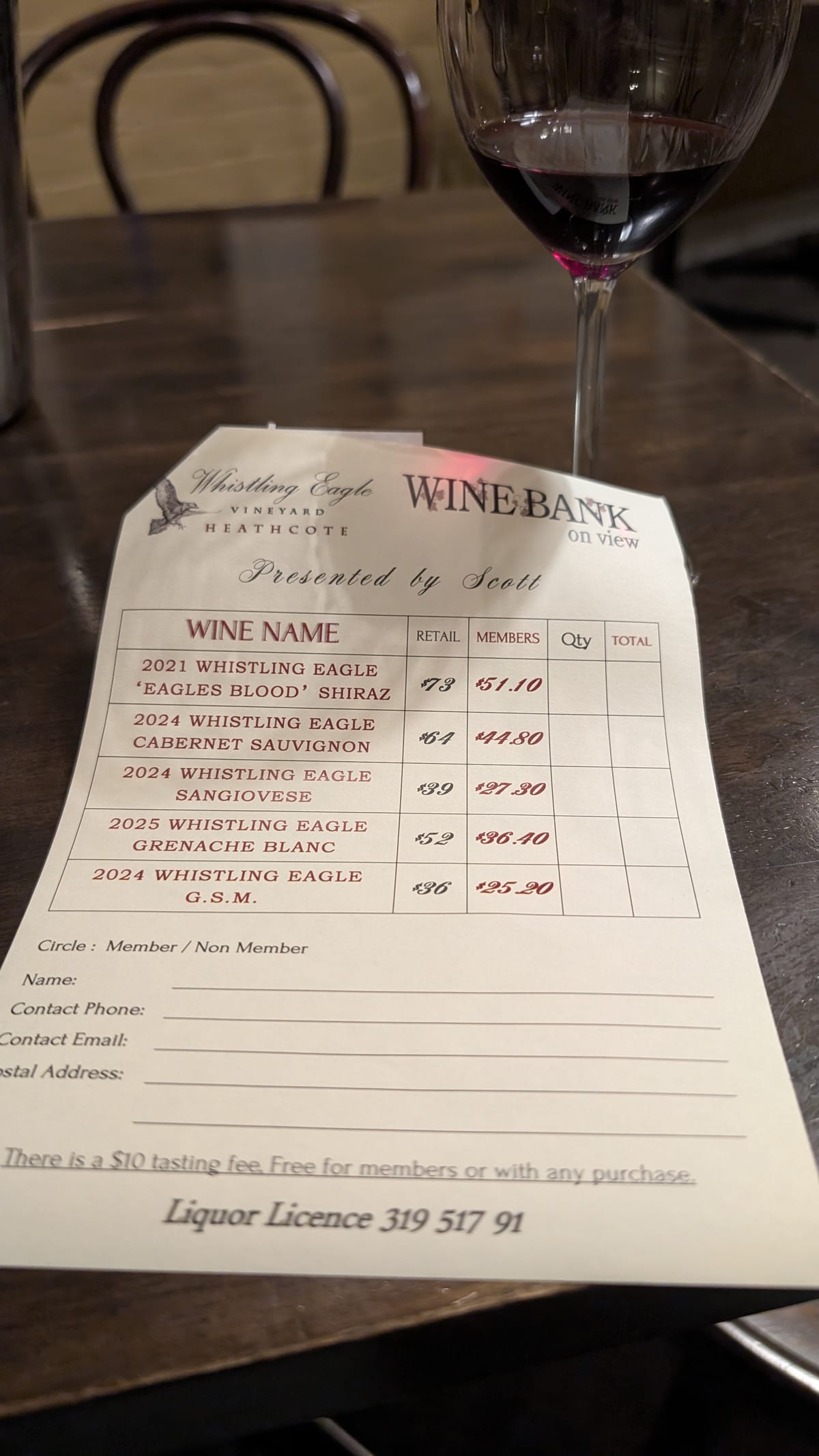 The Whistling Eagle tasting sheet at Wine Bank on View, headed Presented by Scott, listing the five wines poured, beside a glass of red